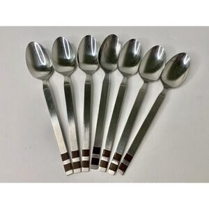 Stanley Roberts Arosa Soup Spoons W/ Wood Inlay Japan Stainless Lot Of 7